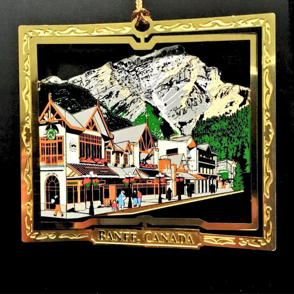 Banff Alberta Canada Ornament Color Brass Town Scene Mt Cascade Mt Rundle - Picture 1 of 6